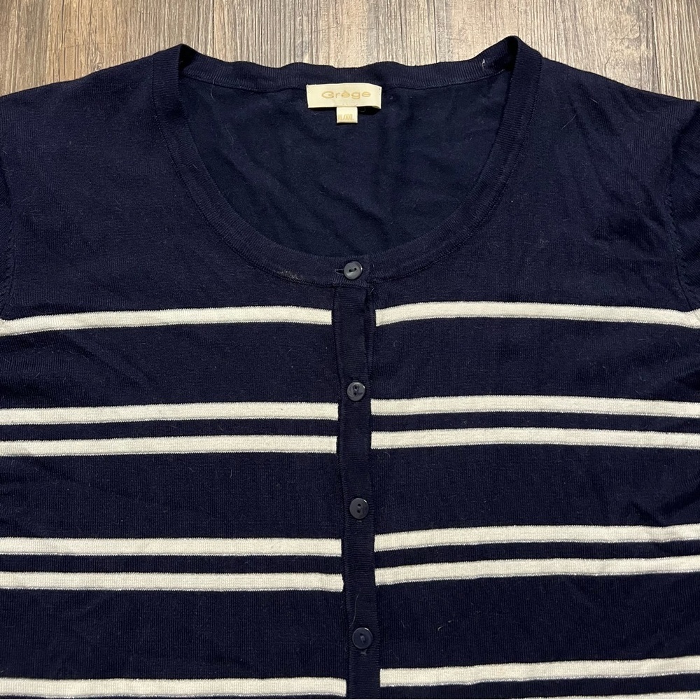 Grege Navy Blue White Stripe Button Up Short Knit Cardigan Sweater 1/4 Sleeve XL - Picture 5 of 10